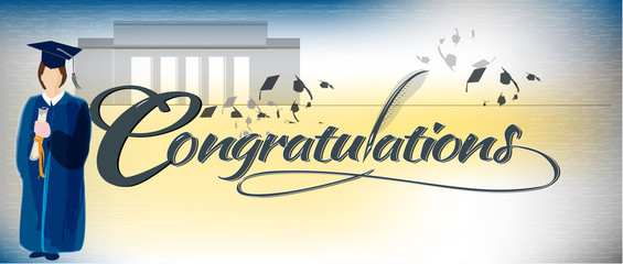 Congratulations text banner with college and graduate silhouette in background.
