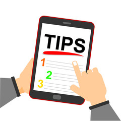 Online learning concept: smartphone with Tips text on display. Reading tips online using mobile smart phone