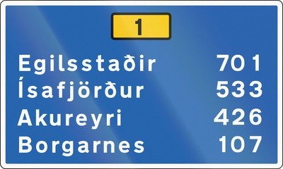 Destination Sign With Distances In Capital Area In Iceland