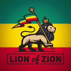 Judah lion with a rastafari flag. King of Zion logo illustration