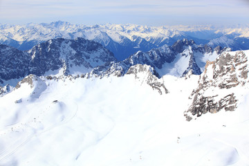 Fototapeta na wymiar Winter snow covered mountain Zugspitze in Germany Europe. Great place for winter sports