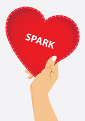 right hand holding red heart with spark text, vector illustration