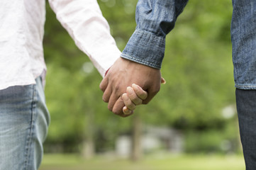 Couple taking a walk hand in hand in the park