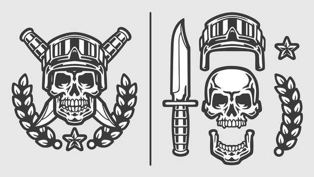 Skull Military Helmet with Crossed Knives Olive Branch and Star