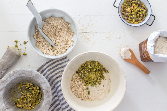 Ingredients for baking pistachio cupcakes