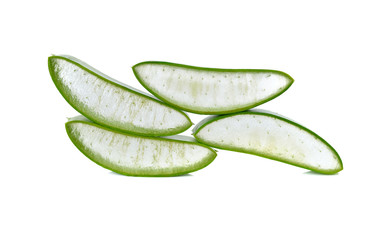 portion cut fresh aloe vera leaf on white background