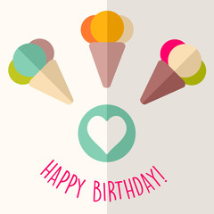 Vector happy birthday card, flat colorful design, ice creams and a heart