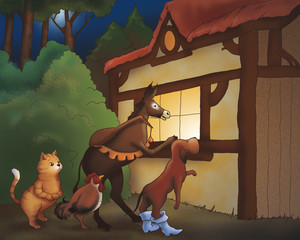 A donkey, a dog, a rooster and a cat are looking in a house. Digital illustration of the Grimm's fairy tale: bremen town musicians. - obrazy, fototapety, plakaty