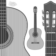 Acoustic Guitar in engraving style on transparent background