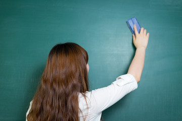 asian beautiful woman clean blackboard