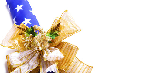 Golden Bow with USA Flag Isolated on White Background.