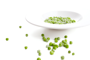 Green Pea on White Plate as Background, beside view.