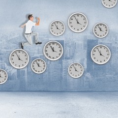 Composite image of geeky happy businessman running mid air