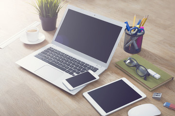 Laptop, smartphone, tablet office mockup