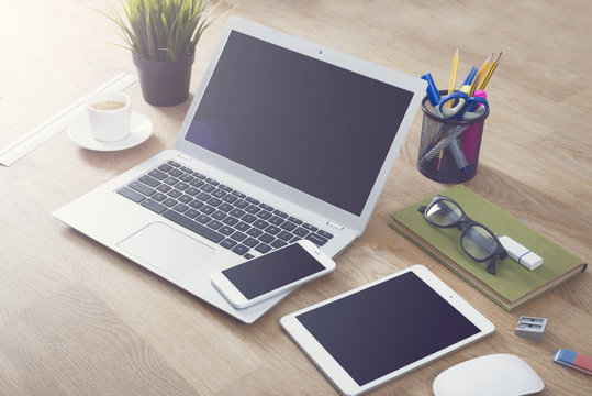 Laptop, smartphone, tablet office mockup