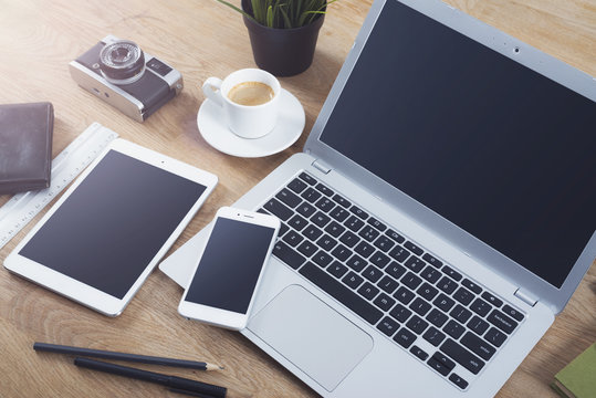 Laptop, smartphone, tablet office mockup