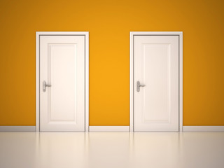 Closed White Doors on Yellow Wall. 3d render