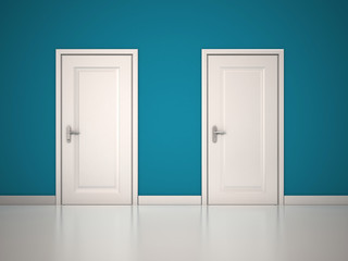 Closed White Doors on Blue Wall. 3d render