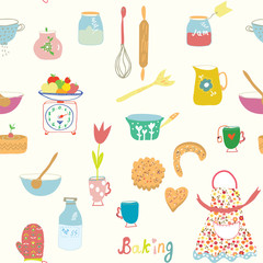 Baking seamless pattern with kitchen objects and flowers