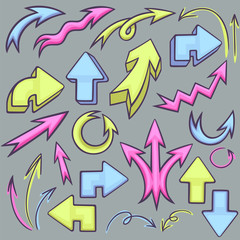 Hand drawn colorful arrows set