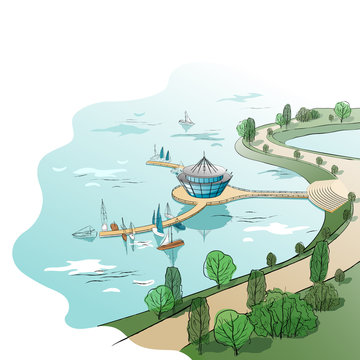 Vector colored linear landscape with quay and boats
