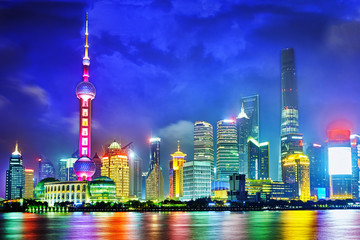 Fototapeta na wymiar Skyline night view on Pudong New Area, Shanghai.