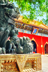 Bronze lion at the entrance to beautiful Yonghegong Lama Temple.