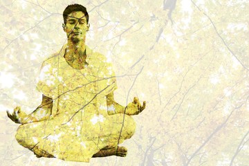 Fototapeta premium Composite image of handsome man in white meditating in lotus