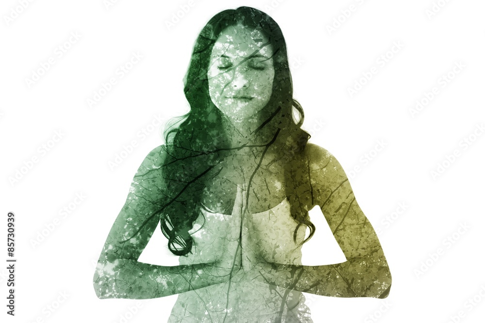 Sticker Composite image of pretty brunette doing yoga