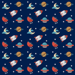 Seamless space pattern with rockets, planets, stars, scopes,moon, observatory and others equipments