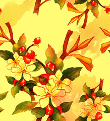 Fototapeta na wymiar Retro-styled watercolour branch of abstract flowers, seamless pattern