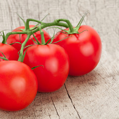 Neat red tomatoes on wooden table - studio shot