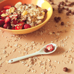 Muesli with granola and fresh fruits. Healthy eating. Breakfast.