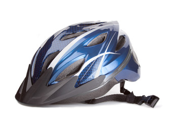 Bike Safety Helmet – A blue and white striped bicycling safety helmet. Isolated on a white background.