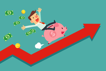 businessman riding piggy bank on arrow graph