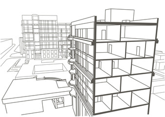 Architectural linear sketch multistory apartment building. Sectional drawing
