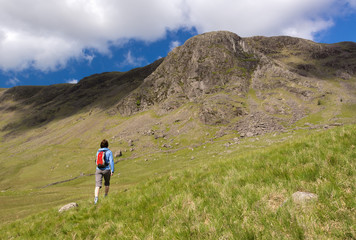 Fototapeta premium A hiker approaches Grey Knotts in the Lake District