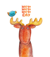 Elk with bird. Happy birthday. Watercolor