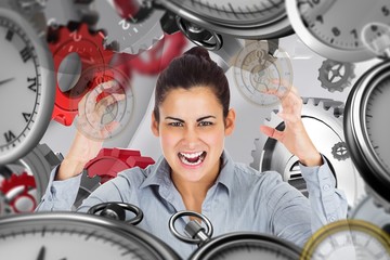 Composite image of furious businesswoman gesturing