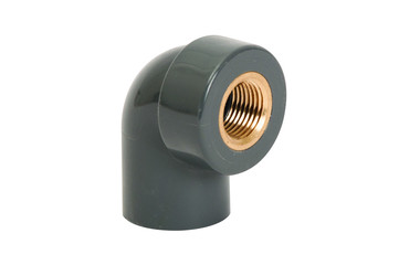 isolated gray elbow with brass metal insert