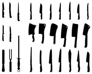 Silhouettes of kitchen knives and cleavers, vector
