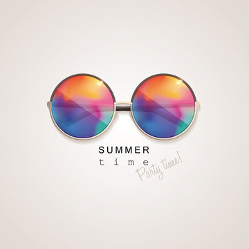 colorful sunglasses with abstract gradient mesh glass mirrors isolated on light background with summer time, party time lettering typography