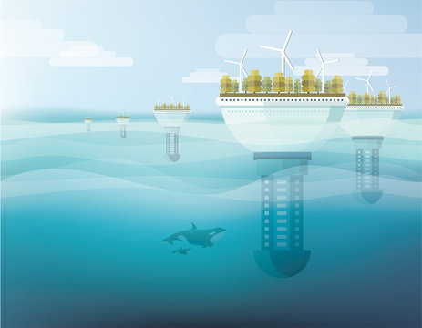 futuristic floating eco friendly underwater city conceptual illustration in trendy flat design style
