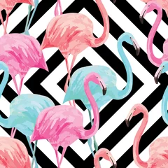 Papier peint Flamant motif aquarelle flamingo, arrière-plan géométrique