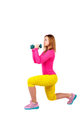 Athlete squats with dumbbells.