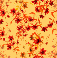 Retro-styled watercolour branch of abstract flowers, seamless pattern
