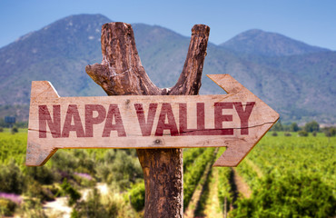 Napa Valley wooden sign with winery background - obrazy, fototapety, plakaty