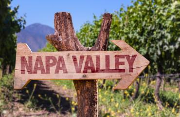 Napa Valley wooden sign with winery background
