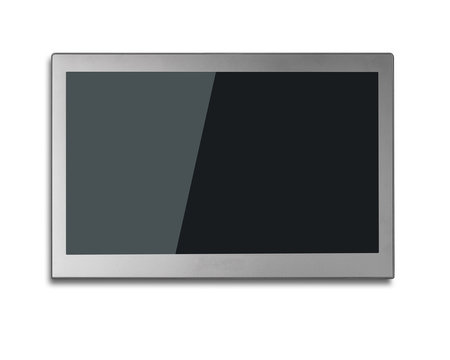 Blank black wide flat TV screen isolated on white