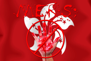 Concept show hand stop MERS Virus epidemic  Hong Kong flag backg